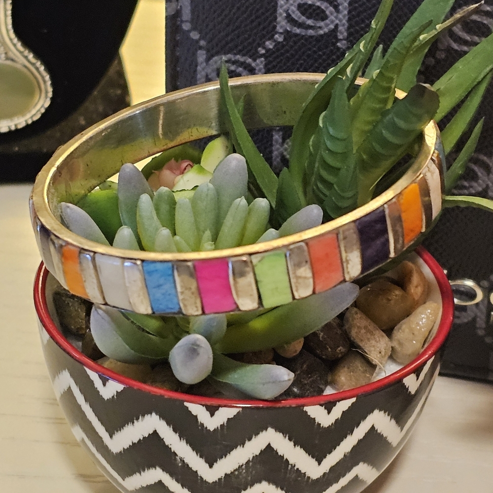 Silver multi-color inlay stone Bangle - Picture 2 of 5